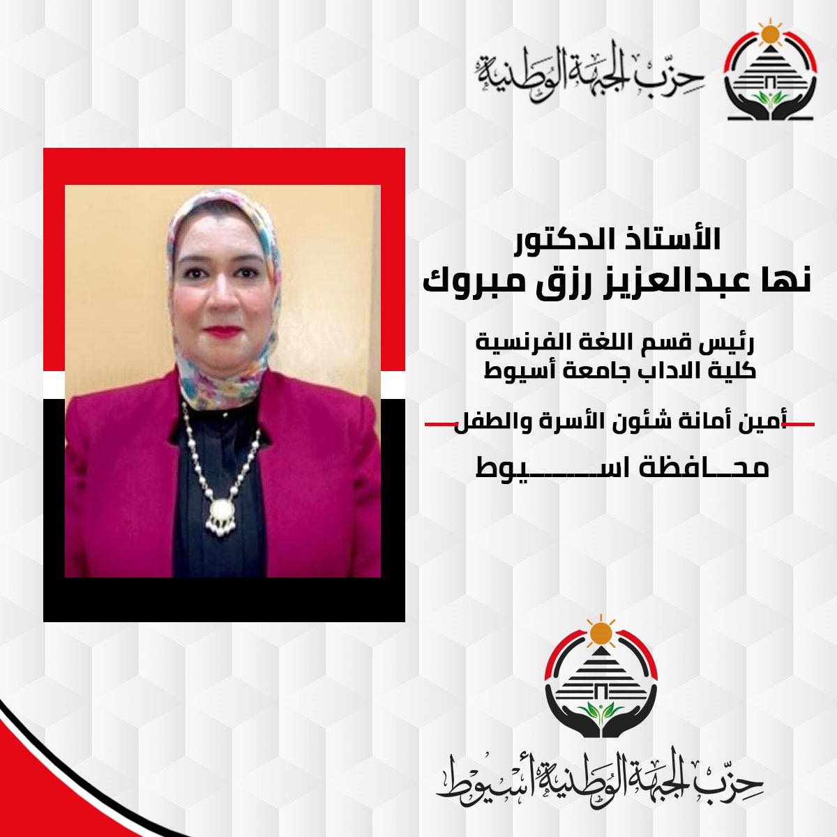 تعيين أكاديمي لقيادة الملف المجتمعي..نها رزق أمينًا لشئون الأسرة والطفل بحزب الجبهة الوطنية بأسيوط